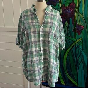 $15 SALE Plaid Button Down Shirt Weatherproof Vintge Washable Linen Blend